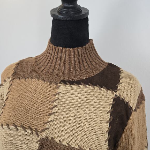 Harolds Linen Cotton Mock Neck Patchwork Sweater Cropped Brown Retro MED 70s Hip - Picture 4 of 11